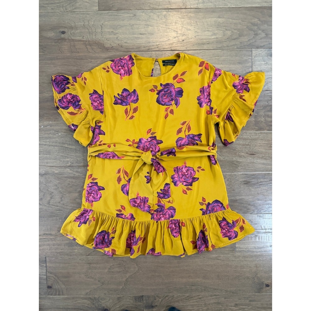 Urban Outfitters Mustard Yellow Floral Ruffle Tie Waist Blouse XS Purple Rose